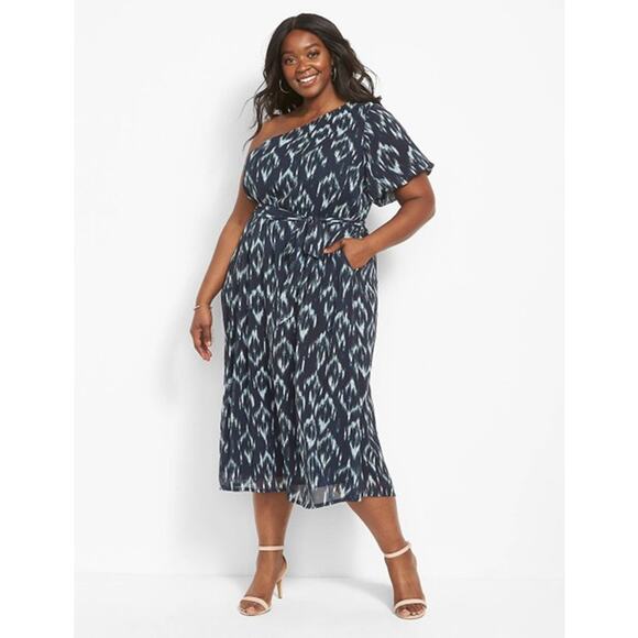 Lane Bryant One-Shoulder Bubble Sleeve‎ Blue Ikat Midi Dress Size 20 NWT - Picture 1 of 7